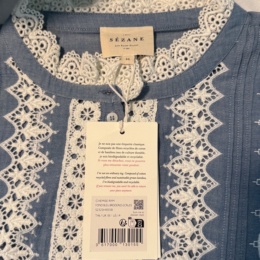 Sezane Rym Shirt Blue/ Ecru Embroidery - Size 14 - Picture 3 of 5